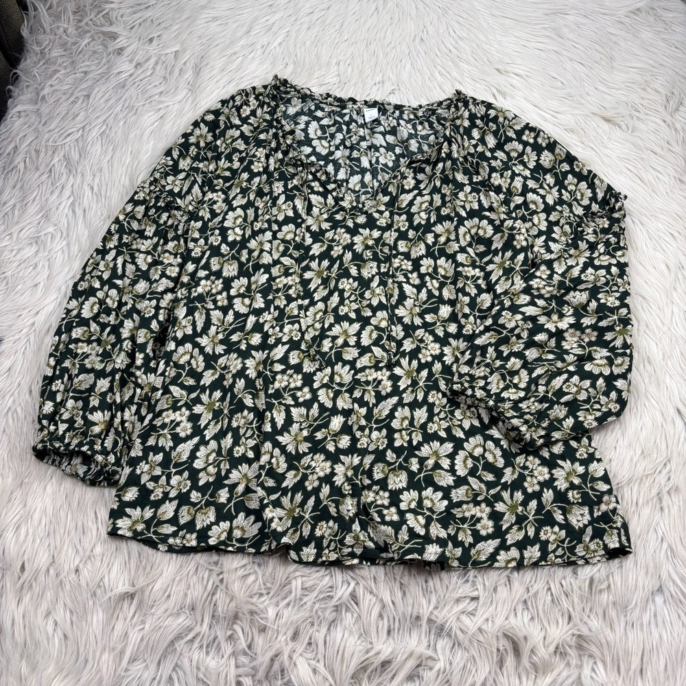 Old Navy Women's L Green Floral Ruffle Trim Tie Neck Balloon Sleeve‎ Peasant Top